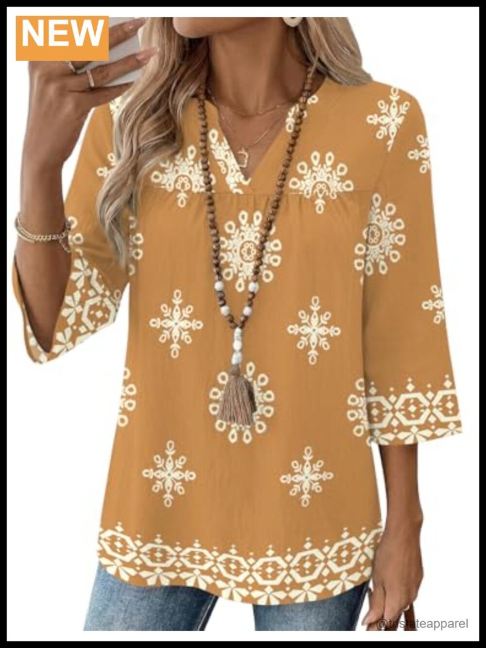 Womens 3/4 Sleeve V Neck Pleated Blouse Loose Fit Dressy Casual Top